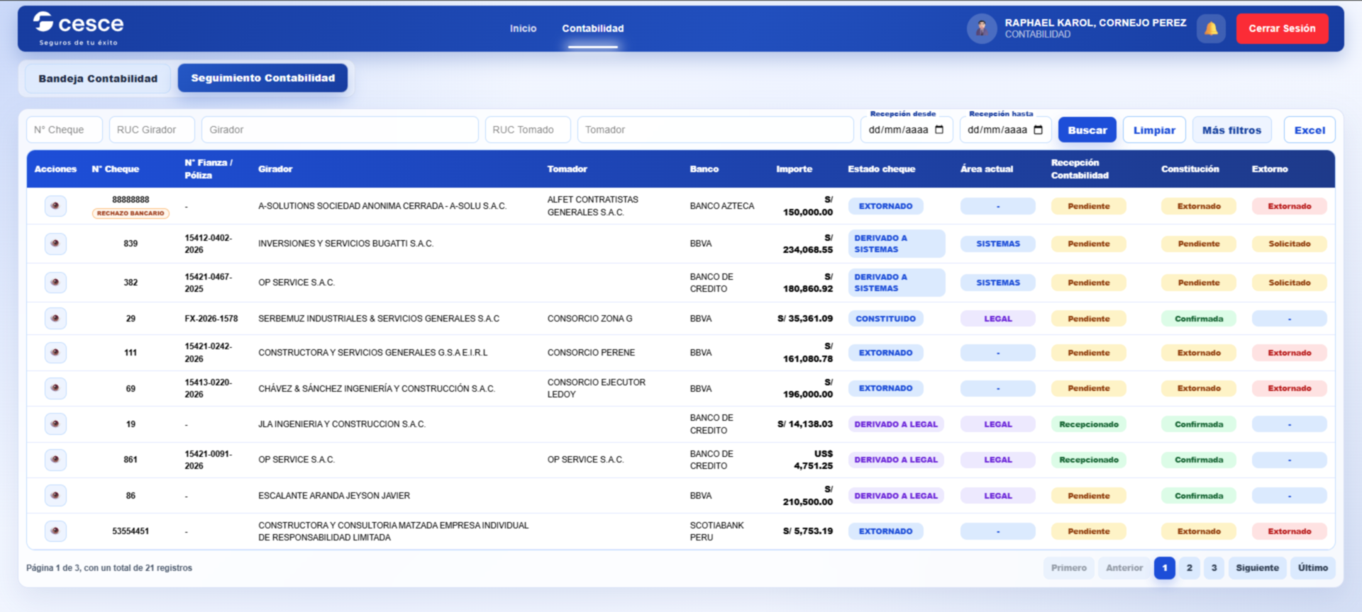 Sistema de gestión de cheques CESCE